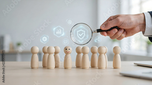 Security Check: Magnifying Glass Examining Wooden Peg Dolls with Digital Protection Shield Icon