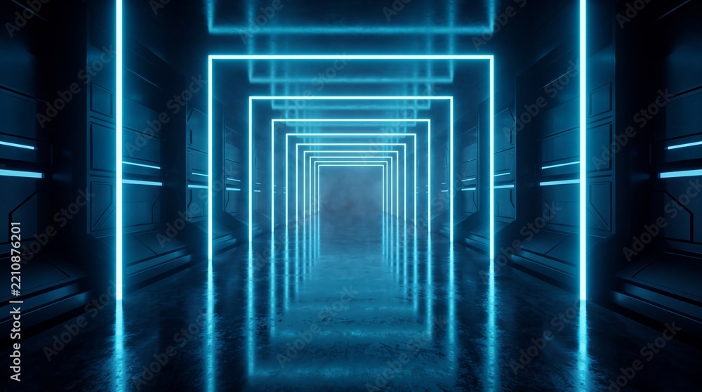 Fototapeta premium Cyan neon light square frames create infinity tunnel effect in dark futuristic high tech corridor.