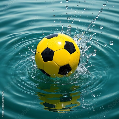 Yellow and Black Soccer Ball Sinking into Clear Water Creating Ripples