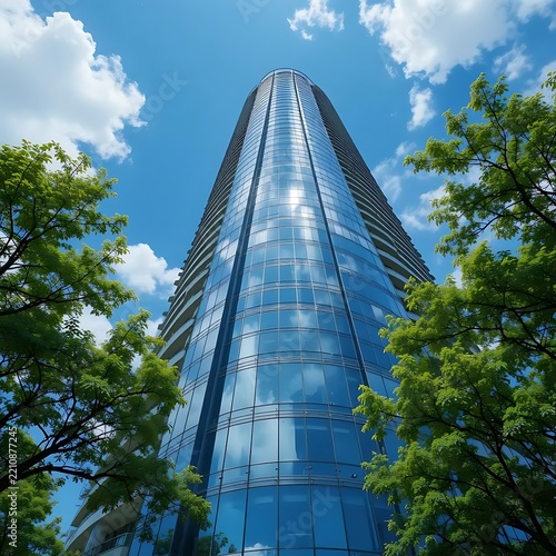Modern skyscraper tower surrounded by green trees under bright blue sky