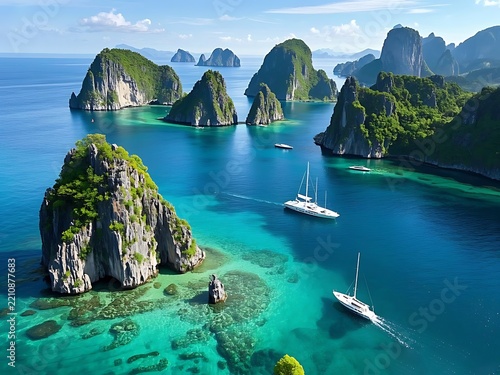 Stunning Tropical Island Limestone Formations With Crystal Clear Blue Water And Sailing Boats