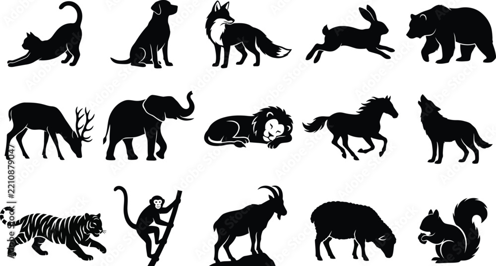 Obraz premium Fifteen black silhouettes of various animals including a cat, dog, fox, rabbit, bear, deer, elephant, lion, horse, wolf, tiger, monkey, goat