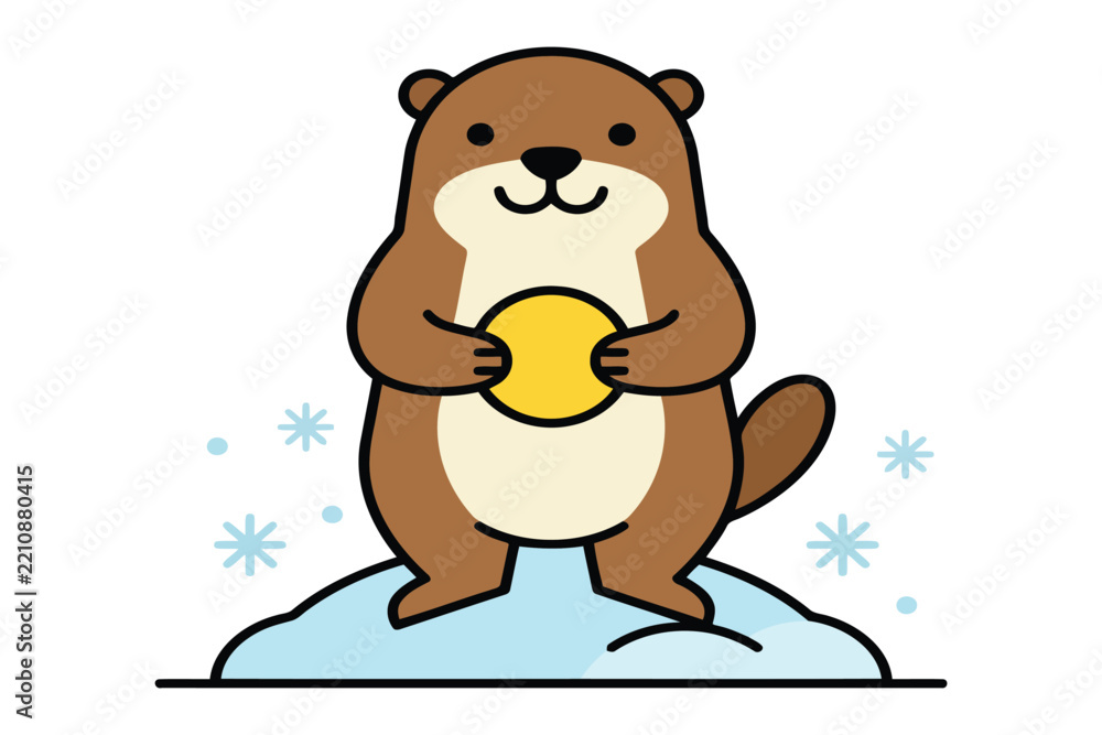 Obraz premium Cute cartoon beaver holding a golden coin standing on a snowy ground patch