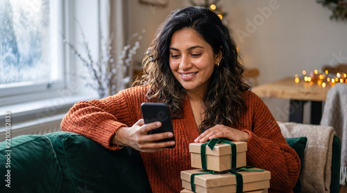 Cheerful young woman using smartphone next to wrapped gifts on sofa against cozy holiday living room backdrop