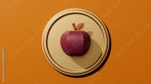 Stylized red apple on canning jar lid in warm tones for homemade apple butter against orange backdrop with copy space