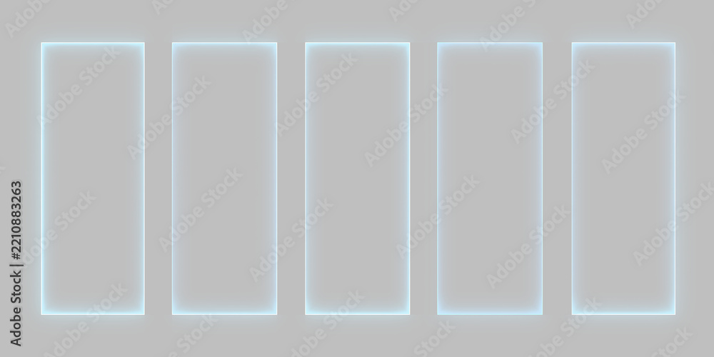 Obraz premium Set of transparent vertical glass panels with glowing blue edges. Futuristic neon acrylic plates on transparent background. Sci-fi UI display frames