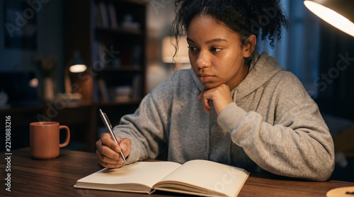 Inspired black female student deeply focused contemplating college application essay over notebook under warm desk lamp