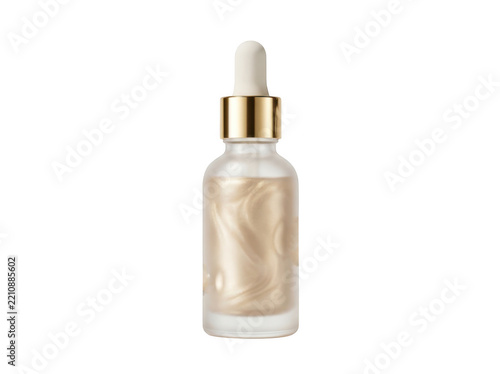 Glass bottle with gold shimmering cosmetic serum and dropper isolated on transparent background