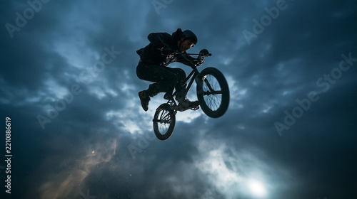 BMX Rider Performing Jump Trick Against Dramatic Sky