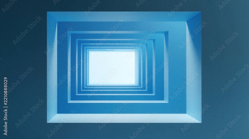 Fototapeta premium Abstract blue geometric background with optical illusion effect. Rectangular frames create deep endless tunnel through bright light. Modern 3D perspective design with minimal lines, gradient shades.