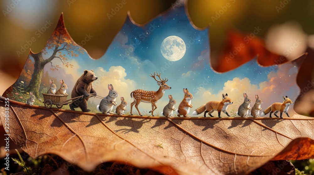 Obraz premium Tiny forest animals gather on large autumn leaf under bright full moon. Brown bear pulls wooden cart with small bunnies deer, squirrels, foxes, rabbits walk in line. Magical woodland creatures parade