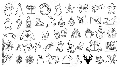 Hand Drawn Christmas Doodle Icon Set, Santa Tree Gifts Snowman Holiday Sketch Elements Isolated on Transparent Background