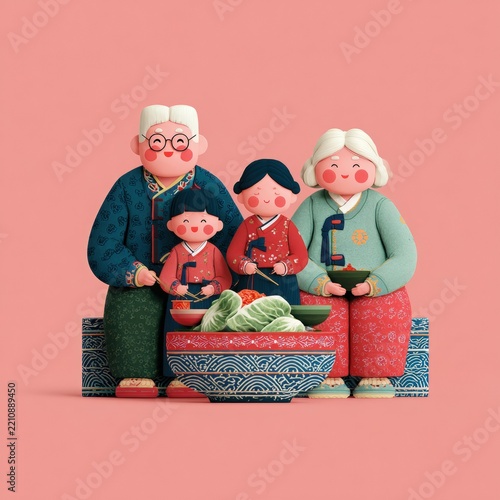 stylized korean family illustration with four generations in traditional clothing gathered around a table of kimchi and vegetables, festive cultural food scene