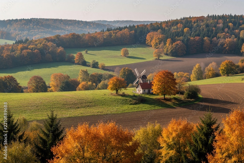 Obraz premium Old windmill stands in scenic autumn landscape. Colorful fall trees surround white building on rolling green hills. Rural farm field meets dense forest under bright sky. Beautiful seasonal view of
