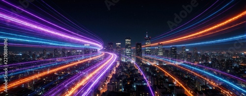 Abstract motion blur of bright colorful light streaks over dark urban city skyline at night. Vibrant purple blue, orange lines create futuristic energy effect above skyscrapers. Dynamic light trails