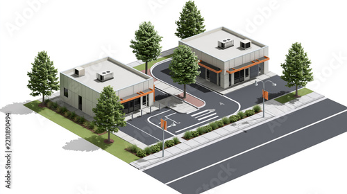 Two Commercial Buildings Around a Paved Court