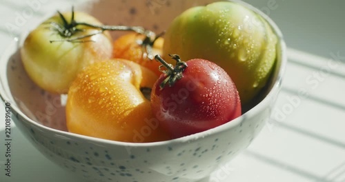 Yellow, green and red tomato in a light blue speckled bowl. Tomatoes sprinkled with water. Agricultural industry and farming.