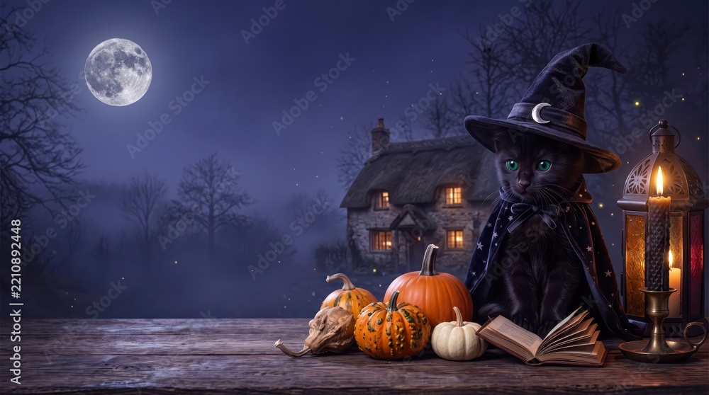 Fototapeta premium Mysterious Black Kitten Wearing Witch Costume Beside Pumpkins and Lantern on a Wooden Table at Halloween Night