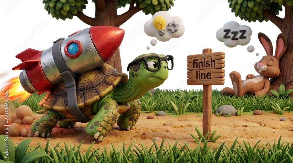 Obraz premium Fast turtle with rocket booster flies past sleeping hare near finish line. Smart tortoise wearing glasses uses tech innovation to win race. Concept of success through smart ideas, speed upgrade over