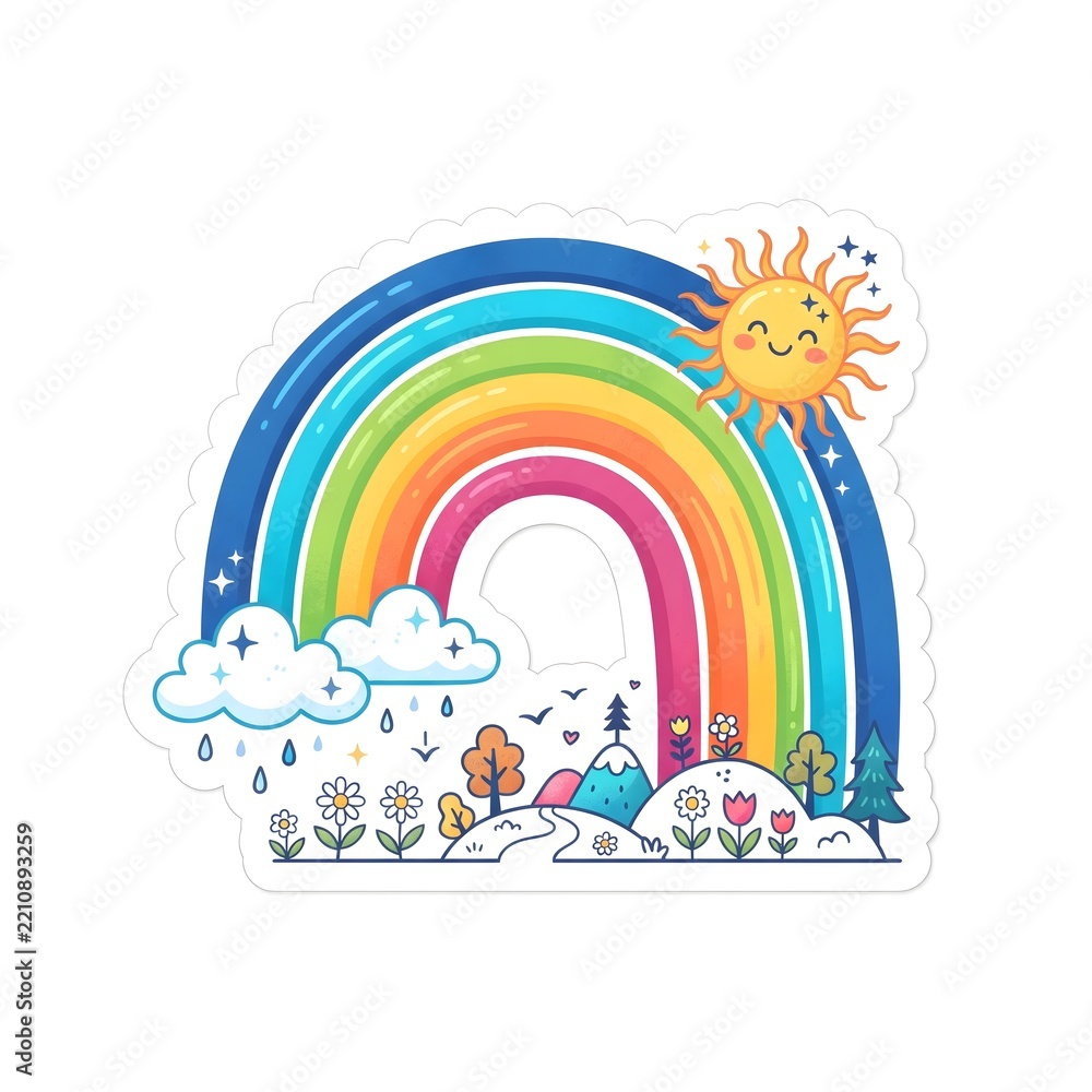 Fototapeta premium Cute rainbow with sun and clouds sticker, flat vector illustration