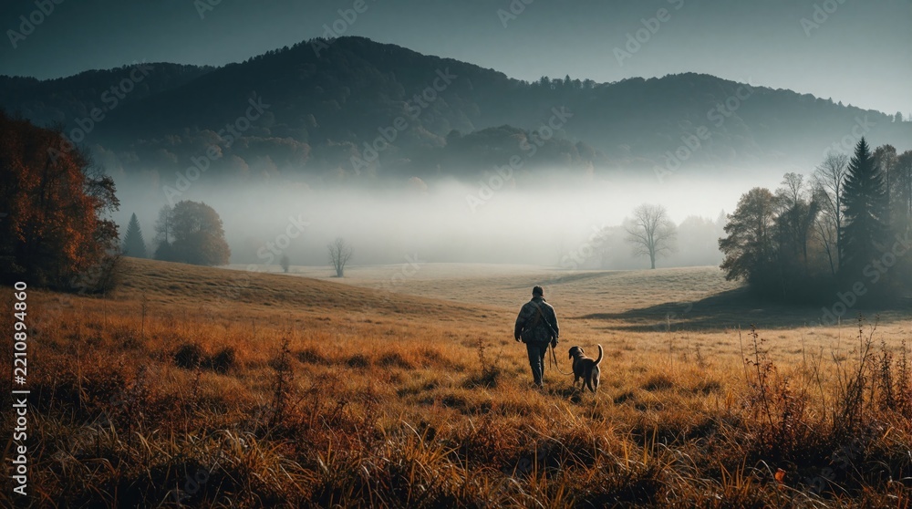 Obraz premium Man walks with hunting dog through foggy autumn field. Hunter carries shotgun in rural countryside landscape. Morning mist covers mountains, forest trees. Outdoor adventure, wildlife conservation,