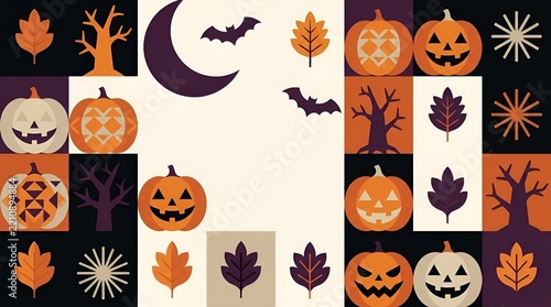 Festive Halloween pattern with pumpkins, bats, and autumn leaves.
