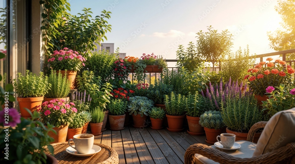 Fototapeta premium Rich balcony garden with many green plants, colorful flowers, succulents in terracotta pots. Sunny morning view on wooden terrace with coffee cups on table. Urban jungle setup for relaxation, home