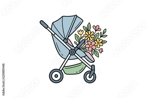 Baby Stroller with Flowers Vector Illustration
