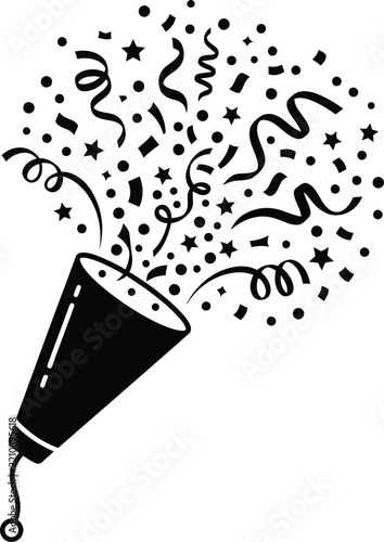 Black and white party popper icon with falling confetti and ribbons for celebration