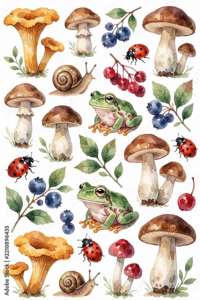 Obraz premium Watercolor set of forest elements. Colorful mushrooms, green frogs, snails, ladybugs live among berries, leaves. Botanical art collection with wild flora, fauna, summer garden plants for kids book,