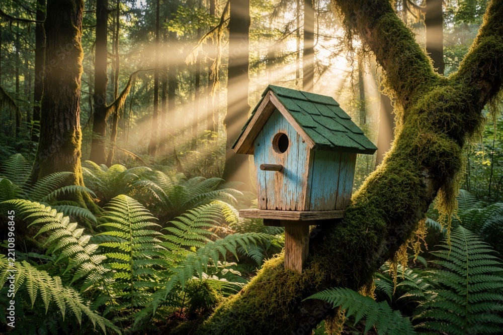 Obraz premium Small blue wooden birdhouse hangs on mossy tree branch in misty forest. Sun rays shine through green trees, ferns. Natural shelter for birds in wild woodland habitat during spring morning. Peaceful