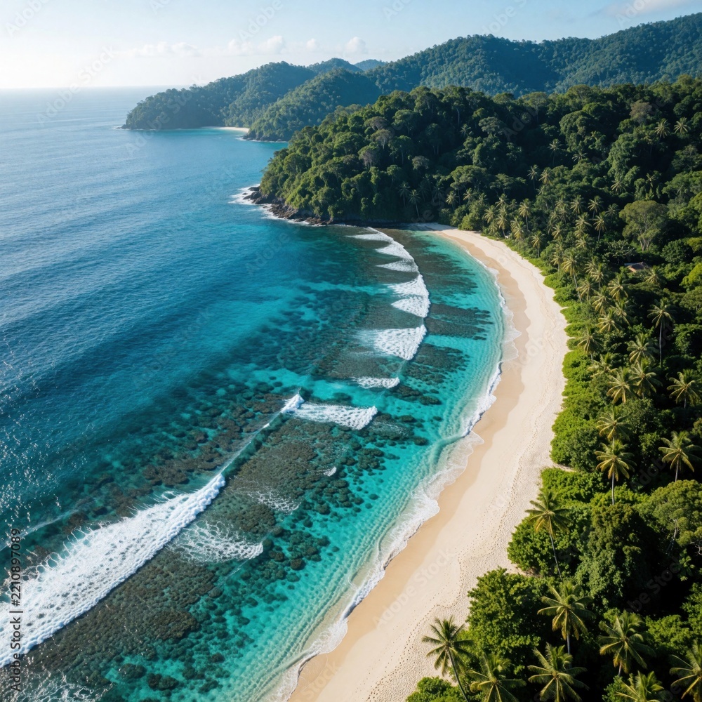 Obraz premium Aerial view of tropical beach with turquoise ocean water, white sand. Rich green jungle forest covers coastal hillsides. Small waves crash on shore along scenic coastline under blue sky. Beautiful