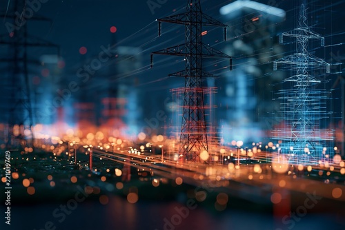 High voltage power lines in a futuristic city at night