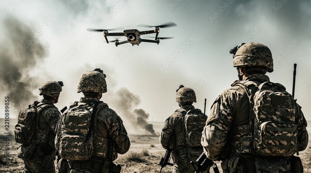 Fototapeta premium Soldiers in camo gear watch unmanned drone flying over desolate battlefield. Army troops use aerial surveillance tech for tactical recon mission in dusty desert. Military personnel monitor remote