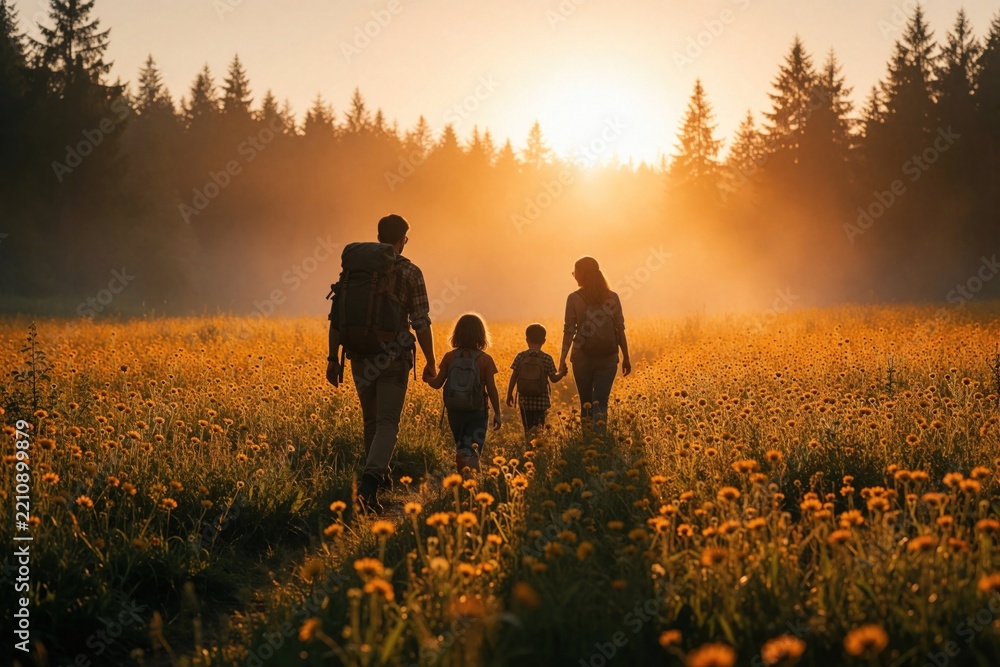 Obraz premium Happy family with kids hiking through flower field at sunset. Father carries big backpack mother, two children walk along path. Group enjoys summer outdoor adventure in golden hour forest landscape.