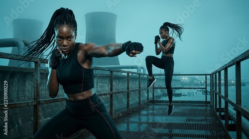 Confident woman throwing jab and jumping knee strike on steel walkway beside cooling towers