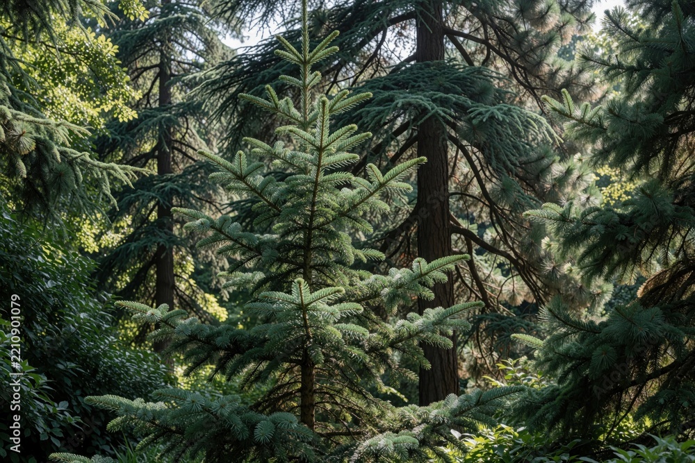 Obraz premium Green conifer tree grows in rich botanical garden. Dense forest landscape features tall pine, cedar trees under bright sunlight. Natural wood plants create peaceful summer park scenery. Evergreen