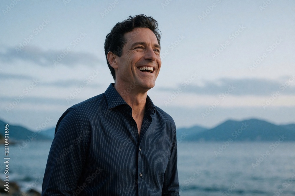 Fototapeta premium Middle aged caucasian man laughs outdoors near sea. Happy smiling male in navy striped shirt enjoys evening breeze on hilltop. Mature person feels joy looking away towards mountains, ocean view