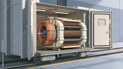 Copper Windings on Rail Trolley Inside Industrial Chamber
