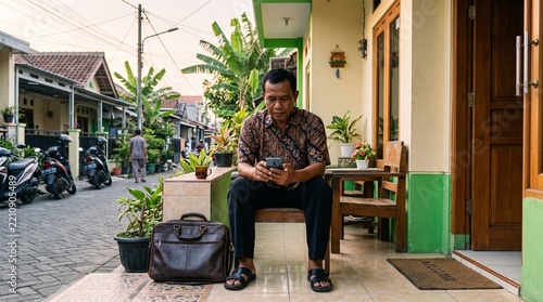 Authentic Indonesian people checking smartphones in the morning, featuring family moments, daily routines, work, school, relaxation, multigenerational interactions, and home life.