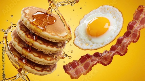 Stack of fluffy pancakes with fried egg, crispy bacon on yellow background. Sweet honey syrup splashes over breakfast meal. Delicious morning food combo with egg yolk, salty meat. Tasty brunch treats