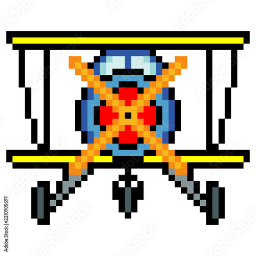 Front view of a biplane in pixel art style.