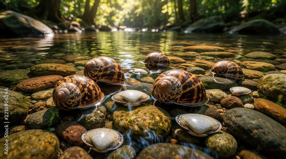 Obraz premium Fresh river snails, mollusks on smooth stones in clear forest stream. Wild gastropods crawl through shallow water in tropical Thailand jungle. Natural Thai food ingredients from clean creek ecosystem