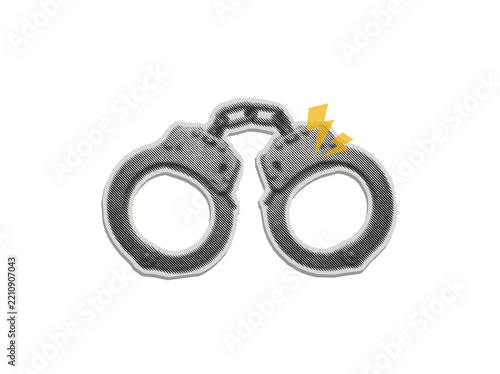 Line halftone pop art sticker of metal handcuffs with yellow lightning bolts on transparent background