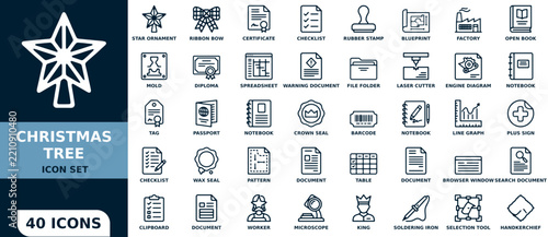 Christmas Tree Topper Icon Set, 40 Icons, Line Art Design, Badge Symbols