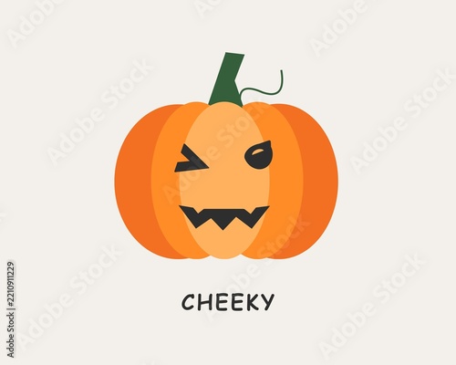 Obraz na plátně Cute winking pumpkin vector illustration with cheeky text on light background, H