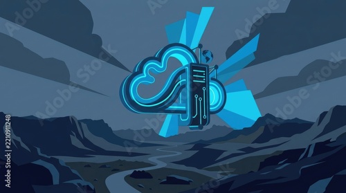 Minimalist blue cloud symbol with server tower floats over dark mountain landscape