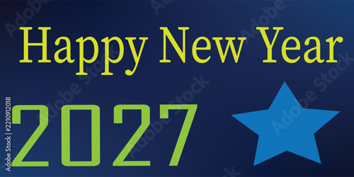 Happy New Year 2027, 27. Holiday greeting card. Shiny golden 2027 on dark blue background. New Year design invitation, calendar, greeting card. Gold logo. Party event decoration. Vector illustration