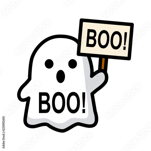 Obraz na plátně Cute Ghost Holding Boo Sign Vector Illustration for Halloween