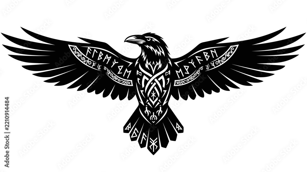 Fototapeta premium Viking Raven Symbol with Ancient Runes and Celtic Knotwork